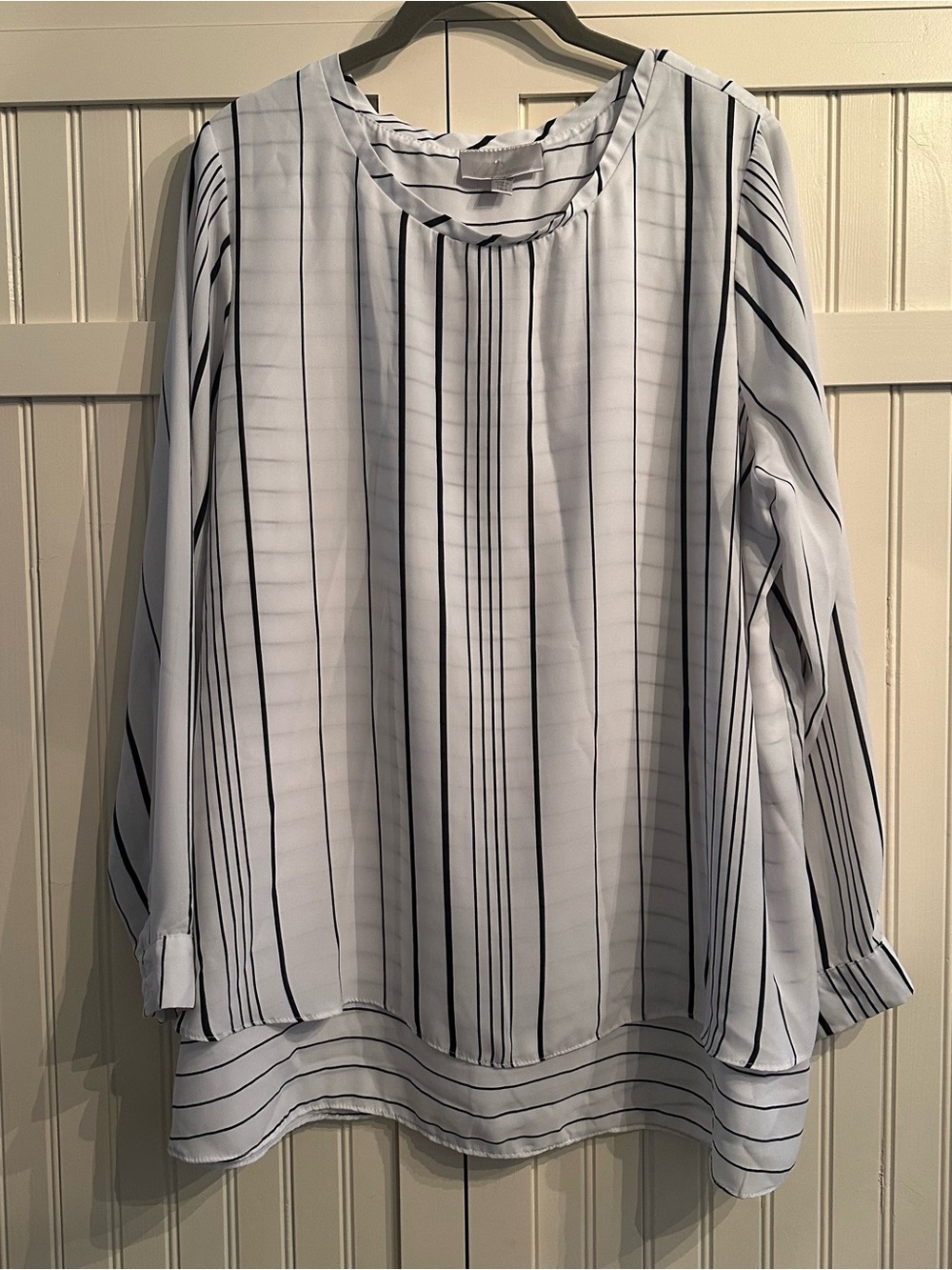 VIP Avenue White Blouse with Black Vertical Stripes Size 14/16